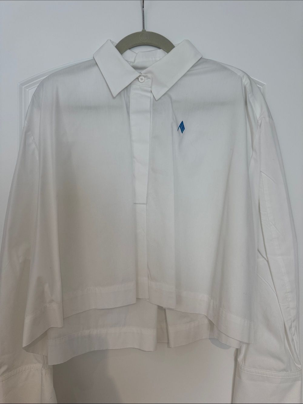 White Women’s Oversized Cropped Shirt with Blue Logo Monogram